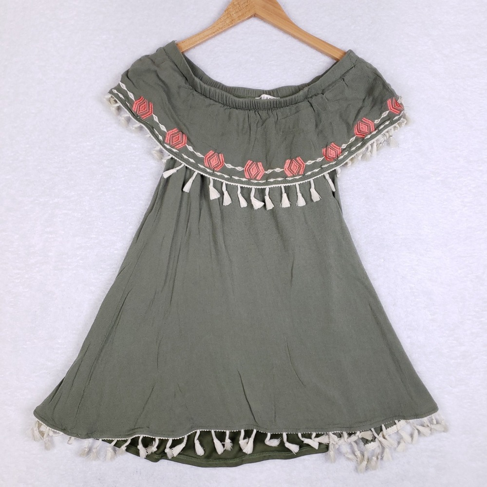 Miami Off Shoulder Tassel Mini Dress Olive Green‎ Embroidered Boho Festival S